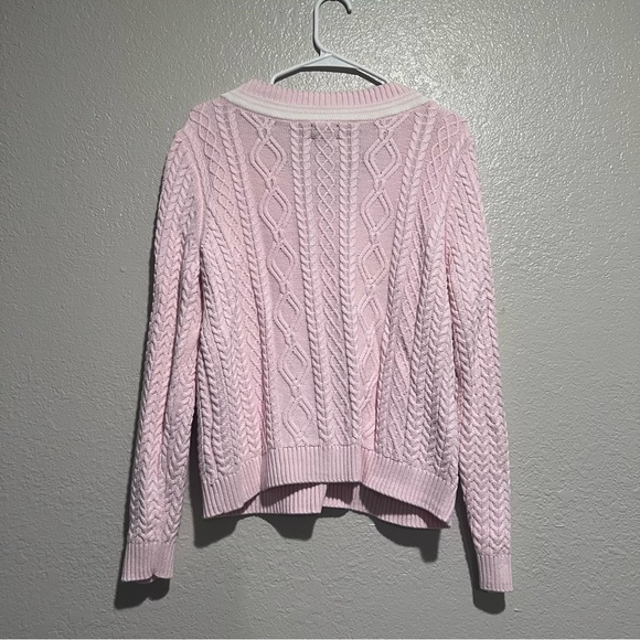 Lands' End Light Pink V-Neck Drifter Cable Sweater - Picture 4 of 5